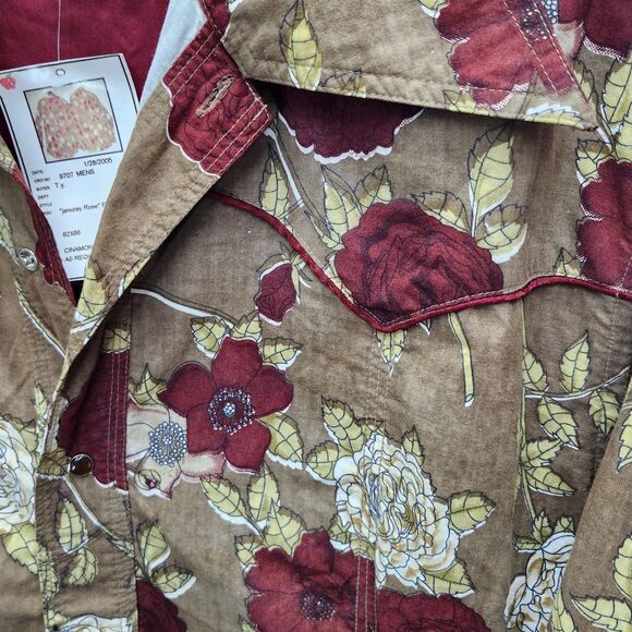 Vintage Project Red Western Shirt Mens L-XL Brown Red Floral Amber Snaps Casual - Picture 8 of 12